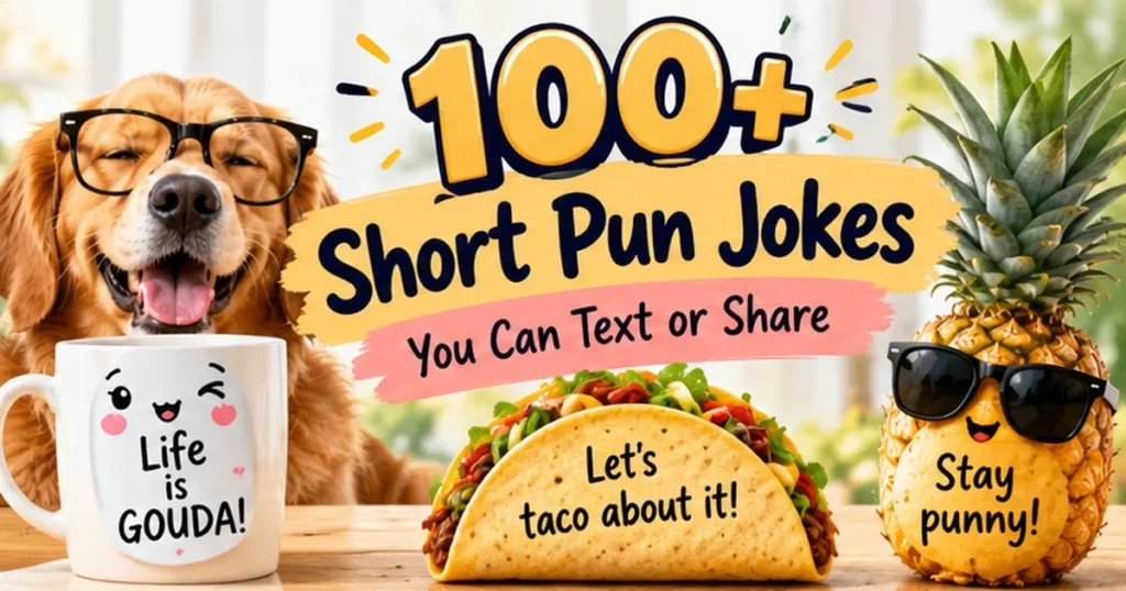 100+ Short Pun Jokes for Instant Laughs In a hurry and just need short pun jokes you can send right now? Try a few: "Lettuce turnip the beet." "Some bunny loves you." "Sunday funday, always." Below are more than 150 original short pun jokes, each one just a few words long, organized by theme: food, animals, work, weekends, friends, social captions, technology, coffee, couples, and holidays. They're built for quick texts, captions, and comments, so you can copy, paste, and send without any extra explanation needed, no matter what the occasion happens to be. Short Pun Jokes About Food Bite-sized puns for anything food-related, from dinner captions to grocery run texts. • Lettuce turnip the beet. • I'm kind of a big dill. • That's un-brie-lievable. • Donut worry, be happy. • Life is gouda. • You're one in a melon. • I loaf you. • Soup-er simple. • Cheese to meet you. • I relish this moment. • Orange you glad. • This is a-maize-ing. • That's the wurst. • I'm feeling grape. • Let's taco about it. Short Pun Jokes About Animals Quick animal wordplay that works as a caption or a quick reply. • Some bunny loves you. • You otter smile more. • I'm all ears, owl-ways. • Purr-fect timing. • Whale, hello there. • I'm feline good. • Fin-tastic idea. • Don't be koala-fied. • That's paw-some. • Fur real. • Hoppy Friday. • Un-fur-gettable moment. • I'm having a moo-ving day. • That's fang-tastic. • Egg-cellent choice. Short Pun Jokes for Work Tiny jokes that sum up the workday in just a few words. • That meeting was a-maze-ing, said no one ever. • Coffee break, best break. • I'm coasting on caffeine. • Deskercise counts, right. • Email overload, brain underload. • Meeting adjourned, finally. • Spreadsheet stress is real. • My inbox is inbox-ed in. • Nine to five, barely alive. • Coffee first, questions later. • Deadline today, panic yesterday. • Out of office, into snacks. • Monday motivation: minimal. • That project is a spreadsheet mess. • Clock out, mentally already gone. Short Pun Jokes About the Weekend Perfect for a Friday afternoon caption or a Saturday morning text. • Sunday funday, always. • Weekend mode: activated. • Netflix and chill, literally just chill. • Nap first, plans later. • Brunch is basically a lifestyle. • Weekend vibes only. • Sleep in, win. • Pajamas all day, no regrets. • Saturday, my favorite day. • Weekend warrior, couch division. • Errands can wait. • Coffee, then maybe adulting. • Weekend plans: none, and thriving. • Rest is productive too. • Two days, zero responsibilities. Short Pun Jokes for Friends Short lines built for a group chat or a caption with your closest friends. • Squad goals, snack edition. • Friends who pun together, stay together. • Group chat, group laugh. • Best friends, worst jokes. • Inside jokes, outside laughs. • Ride or die, snack supplier. • Friendship level: unlimited puns. • My people, my puns. • Same energy, different snacks. • Friends that laugh, stay. • My crew runs on chaos. • Good friends, bad puns, perfect combo. • Loyalty and snacks, that's it. • My friends get my humor, mostly. • Best duo, worst timing. Short Pun Jokes for Social Media Ready-made captions that don't need any extra words to make sense. • Caption loading, please wait. • Sunset chaser, pun maker. • Living my best pun life. • Filter: none, humor: unlimited. • Say cheese, or a cheese pun. • Feed me puns, please. • Scroll, laugh, repeat. • This post is pun-believable. • Double tap if you pun too. • Story time: it's a pun. • Caption game strong, sleep schedule weak. • Post first, think later. • Humor over here, always. • Pun game loading. • Bio says it all, mostly puns. Short Pun Jokes About Technology Quick lines about phones, Wi-Fi, and the general chaos of being online. • Wi-Fi's down, mood's down too. • Battery low, humor high. • Screen time: don't ask. • Autocorrect strikes again. • Notifications loading, patience not included. • Buffering my whole personality right now. • App update, life on pause. • Signal's weak, sarcasm is not. • Tabs open, brain closed. • Charging phone, charging mood. • Password forgotten, dignity too. • Scroll fatigue is a real condition. • Airplane mode, permanently unavailable. • Group chat notifications: relentless. • Update installing, patience expiring. Short Pun Jokes About Coffee and Mornings For anyone who treats the first cup like a small miracle. • Coffee first, everything else later. • Brew-tiful morning to you. • Mug life, best life. • Espresso yourself. • Latte love for mornings. • Grounds for celebration today. • Decaf is not an option. • Cold brew, warm heart. • Mornings are rough, coffee is smooth. • Perked up and ready. • Sip happens, drink more coffee. • Bean there, done that. • Roast level: extra. • Steamed and ready to go. • Caffeinated and slightly dangerous. Short Pun Jokes for Couples Sweet, quick puns perfect for a card or a caption with your other half. • You're grape, I'm feeling fine. • Love you a latte. • You're the yolk to my egg. • Perfect pear, always. • Nuts about you, truly. • You make my heart beet faster. • Cherry on top, that's you. • Honey, you sweeten everything. • Un-fur-gettable love, always. • You're the zest, no contest. • Whisking you all my love. • My missing peas, found. • Grape-ful for you daily. • Loaf you more each day. • Sweet as pie, that's us. Short Pun Jokes for the Holidays Quick lines perfect for a card, a group chat, or a holiday caption. • Sleigh all day, every day. • Deck the halls, then nap. • Cookie first, questions later. • Holly jolly, mostly jolly. • Snow much fun today. • Wrapped up in holiday chaos. • Tree's up, patience is down. • Mistletoe or miss-out, your choice. • Feast mode: fully activated. • Merry and slightly stressed. • Gift wrapped, badly. • Cocoa first, plans later. • Jingle all the way, tired anyway. • Holiday budget: optimistic at best. • Season's greetings, sleep is fleeting. Short Pun One-Liners to Memorize For when you just need one solid short pun in your back pocket. • Short and sweet, like this pun. • Quick wit, quicker exit. • Brief but brilliant. • Small joke, big laugh. • Short pun, long memory. • Less words, more laughs. • Punny and proud. • Tiny joke, mighty laugh. • Simple pun, solid laugh. • Fast joke, faster laugh. • One line, all the laughs. • Compact humor, full impact. • Bite-sized funny. • Short joke, long grin. • Pun so short, it's basically a reflex. Short Pun Jokes About School and Studying Quick lines for finals week, homework nights, or a graduation caption. • Class dismissed, brain exhausted. • Homework done, motivation gone. • Finals week, sleep obsolete. • Pop quiz, pop stress. • Study now, nap later. • Graduation cap, no more naps. • Lecture hall, mental crawl. • Group project, group chaos. • Backpack heavy, brain heavier. • Extra credit, extra effort. • Textbook open, eyes closing. • School bell, freedom yell. • Late night studying, early morning regret. • Notes taken, none remembered. • Diploma earned, coffee required. Short Pun Jokes About Fitness and the Gym Perfect for a workout caption or a post-gym text. • Leg day, no way. • Gains today, pains tomorrow. • Sweat now, shine later. • Rest day, best day. • Protein shake, no mistake. • Cardio done, couch begun. • Gym time, snack time after. • Squats today, waddle tomorrow. • Runner's high, snack supply. • New sneakers, same excuses. • Personal best, personal rest. • Workout playlist, main character energy. • Water bottle, my only friend today. • Stretch first, regret less. • Gym selfie, effort visible. Short Pun Jokes About Pets Quick lines any pet owner will immediately relate to. • Dog hair, everywhere. • Cat mood: unbothered. • Walkies now, naps later. • Vet visit, wallet exit. • Puppy eyes, zero defenses. • Litter box, endless chores. • Good boy, best boy. • Treats please, right meow. • Tail wags, heart melts. • Zoomies activated, furniture beware. • Pet hair is basically a seasoning now. • Nap buddy, best buddy. • Fetch again, and again, and again. • Snuggle time, best time. • Paws up if you agree. Short Pun Jokes About Travel Quick lines for airport delays, road trips, and vacation captions. • Wanderlust, jet lag included. • Passport ready, patience not. • Suitcase packed, plans loose. • Beach mode, work forgotten. • Layover long, patience short. • Vacation mode, permanently on. • Sand in shoes, no regrets. • Time zones confused, so am I. • Souvenir shopping, budget crying. • Scenic route, also known as lost. • Airport food, questionable choices. • Postcard sent, memories kept. • Road trip snacks, gone by mile ten. • New city, same chaos. • Vacation ending, denial beginning. Short Pun Jokes About Cooking and the Kitchen Quick lines for dinner fails, meal prep, and kitchen chaos. • Dinner's ready, smoke alarm too. • Recipe followed, results questionable. • Meal prep, motivation prep needed. • Oven timer, ignored completely. • Grocery list, half forgotten. • Kitchen disaster, dinner still served. • Takeout again, cooking postponed. • Spice level: unknown, regret: known. • Leftovers reheated, dignity intact. • Burnt toast, breakfast of champions. • Recipe says easy, reality disagrees. • Dishes piling, motivation declining. • Snack break during cooking, always. • Dinner plans, delivery app open. • Cooking show confidence, kitchen reality check. Short Pun Jokes About Money and Budgeting Quick lines for payday, savings goals, and everyday budgeting struggles. • Paycheck arrived, already gone. • Savings goal, spending reality. • Budget made, budget broken. • Coffee costs more than my willpower. • Rent due, motivation too. • Wallet light, spirit lighter. • Impulse buy, zero regrets, mostly. • Bank app, anxiety app. • Discount code, still too expensive. • Payday plans, payday reality. • Savings account, mostly theoretical. • Budget spreadsheet, ignored spreadsheet. • Treat yourself, regret yourself. • Financial goals, snack budget priorities. • Bills paid, dignity intact, barely. How to Write a Short Pun Fast Short puns work best when you strip a joke down to the fewest possible words, and there's a quick process for getting there. 1. Pick a topic and a common phrase connected to it, like "turn up the beat" for music. 2. Swap in a similar-sounding word tied to your theme, like "turnip" for "turn up." 3. Cut the phrase down until only the essential words remain. 4. Read it out loud to make sure it's still short enough to say in one breath. 5. If it takes more than a few words, trim it further until it feels punchy. A few examples using that process: "Lettuce turnip the beet." "Sunday funday, always." "Coffee first, everything else later." Frequently Asked Questions What are short pun jokes? Short pun jokes are quick, usually just a few words long, and rely on a familiar word swapped for a similar-sounding one, like "lettuce turnip the beet" instead of "let's turn up the beat." They're built to land instantly without any extra setup. What are good short pun jokes for texting? Short puns about everyday topics like food, animals, and weekends work well for texting because they fit in one line and don't need context, such as "some bunny loves you" or "weekend mode: activated." Why are short puns good for social media captions? Short puns fit naturally under a photo because they're brief enough not to distract from the image while still adding a bit of personality, like "sunset chaser, pun maker" or "say cheese, or a cheese pun." What's an easy way to write a short pun? Look for a common phrase and swap in a similar-sounding word related to your topic, such as replacing "turn up" with "turnip" for a food pun. Keeping the final phrase to just a few words is what keeps it feeling short and punchy. Are short pun jokes good for work chats? Yes, short and clean puns about coffee, meetings, or Mondays tend to be safe and quick for a work chat, such as "coffee break, best break" or "meeting adjourned, finally." What's the difference between a short pun and a regular pun? A short pun is trimmed down to the fewest words possible, often just a phrase, while a regular pun might use a full sentence or a question-and-answer format. Short puns trade a bit of explanation for speed and shareability. Can short pun jokes be used for kids? Yes, many short puns, especially the animal and food ones, are simple and clean enough for kids, like "hoppy Friday" or "egg-cellent choice," since they use familiar words kids already recognize. What are short pun jokes for technology or phones? Short tech puns usually focus on common frustrations like low battery or bad Wi-Fi, such as "battery low, humor high" or "Wi-Fi's down, mood's down too." These work well as a quick, relatable caption or text. Are there short pun jokes for couples? Yes, short and sweet puns work well for couples, especially food-based ones like "love you a latte" or "you're the yolk to my egg." These are short enough for a card or a quick text but still feel personal. What are good short pun jokes for the holidays? Holiday short puns usually reference cookies, gifts, or holiday stress in just a few words, like "cookie first, questions later" or "gift wrapped, badly." These work well in a family group chat or on a holiday card. Are there short pun jokes for the gym or working out? Yes, fitness puns usually reference soreness, motivation, or gym routines in just a few words, such as "leg day, no way" or "rest day, best day." These work well as a caption right after a workout. What are short pun jokes for pet owners? Pet-related short puns tend to reference common pet behaviors like walks, treats, or naps, such as "walkies now, naps later" or "treats please, right meow." These are easy to relate to for anyone with a cat or dog. Do short pun jokes work for travel captions? Yes, travel puns are popular for vacation photos because they capture common travel feelings in just a few words, like "vacation mode, permanently on" or "layover long, patience short." What are short pun jokes about cooking or the kitchen? Cooking puns usually reference common kitchen mishaps or shortcuts, such as "burnt toast, breakfast of champions" or "takeout again, cooking postponed." These work well as a caption for a kitchen fail or a lazy dinner night. Conclusion When you don't have time for a long joke, a short pun joke gets the same laugh in a fraction of the words. The collection above covers food, animals, work, weekends, friends, social captions, technology, coffee, couples, and holidays, so there's a quick line ready for almost any text or post. Keep a few of your favorites saved, and remember that the shortest puns are often the ones people remember and repeat the most, since there's simply less to forget. Next time you need something fast, skip the long setup and go straight for one of these.