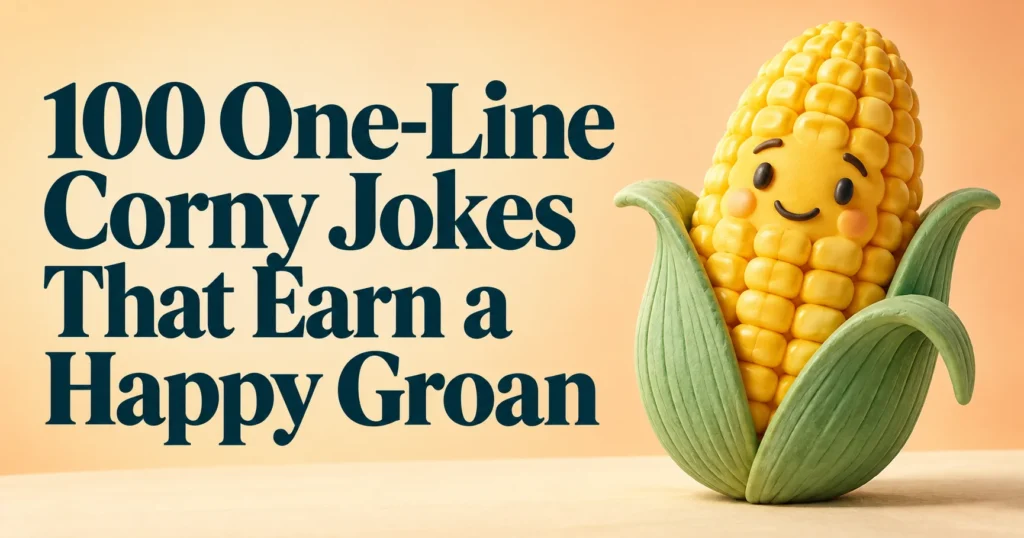 100+ One-Line Corny Jokes That Earn a Happy Groan A corny one-liner should make a listener picture the thing and groan a beat later. ‘The doormat is excellent at making a first impression’ is obvious in exactly the way the form enjoys. These clean lines give household objects, food, pets, weather, and travel gear small personalities. You can put one in a lunch note, use one beneath a photo, or say it when the object is right there. The setting does some of the setup for you. Pick one line, give it a normal voice, and do not explain the turn after the listener has already heard it. Breakfast-table groaners Food offers familiar objects and small dramas. These lines can go on a lunchbox note or under a kitchen photo without a lengthy setup. • My cereal wants a more meaningful relationship with the milk, but the bowl keeps things shallow. • The toast burned its bridges and then asked for more butter. • My egg took a day off because it felt a little scrambled. • The pancake has a habit of changing sides when the heat is on. • The coffee is my morning coach, though its advice is always too strong. • My banana slipped out of the conversation before dessert. • The oatmeal likes routine; it has the same morning meeting every day. • My waffle is full of holes but still makes a convincing breakfast plan. • The jam brought its best spread to the table. • The spoon thinks it can stir up excitement before sunrise. A corny line can be obvious and still work if the timing is right. Read it as an ordinary sentence, not as a dramatic riddle. The joke is small; overexplaining it takes away its charm. Things the house would say if it could Giving an ordinary object one mildly unreasonable opinion makes a dependable one-line joke. The object is the harmless target, so the line travels easily between audiences. • My closet believes every pile on the floor is a personal rejection. • The hallway mirror keeps reflecting on my questionable hat choices. • My sofa offers excellent support but never helps with the dishes. • The light switch has two moods and announces both immediately. • The drawer is keeping secrets, mostly spare batteries and old receipts. • The vacuum asked for a break after taking in too much. • My front door insists that every exit is also a fresh entrance. • The pillow gives soft advice and refuses to discuss deadlines. • The thermostat is always adjusting its attitude toward the family. • The rug wants credit for being walked all over without complaining. If one of these lines resembles a familiar joke, make it specific to your actual home. A drawer full of mystery keys or a sofa claimed by a dog gives the object a fresh scene. A strong one-liner makes the listener picture something real before the absurdity arrives. Desk and school lines that stay kind These make light of pencils, paper, and schedules, not the person who is behind on a task. That distinction matters in a classroom or office. • My pencil has a point, but it loses confidence near the eraser. • The homework put itself on the fridge because it wanted a higher grade of attention. • My calendar booked a day off and immediately filled it with reminders. • The stapler formed a close attachment to its paperwork. • The notebook keeps every bad idea in perfect order. • My ruler measures success in tiny increments and is very patient about it. • The whiteboard enjoys a fresh start almost as much as the eraser does. • The paperclip calls itself the team's smallest project manager. • My pen stopped mid-sentence because it needed some time to think in ink. • The lunch bell has a powerful argument and no interest in a rebuttal. When sharing a school joke with a child, avoid using it to disguise criticism about grades. A line about a pencil can be a silly note of encouragement. In an office, use a desk joke in a casual channel after the real information is clear. Backyard jokes with muddy shoes Nature brings movement and shape. These jokes do not depend on a scientific claim; they give the garden an imaginary social life. • The tree keeps branching into new hobbies every spring. • My garden hose is under pressure, but it handles the flowers well. • The puddle has been reflecting on its place in the driveway. • The sunflower turns toward praise and insists it is just following the light. • The fence has strong boundaries and a shaky opinion of the wind. • My shovel digs deep conversations but leaves a mess afterward. • The cloud came to the picnic and immediately changed the mood. • The pebble on my path thinks every step is a major event. • The lawn mower always cuts the meeting short. • The watering can pours its heart out to the tomatoes. A photo caption can use the exact object in the image. A sunflower line under a gray street scene feels pasted on. For a conversation, the backyard observation can follow a true remark about the rain or the garden, which gives the joke its opening. Animal characters with small ambitions These are cartoon scenarios rather than claims about real animal behavior. Let the image be clear and the ending short. • The turtle packed for a sprint and arrived with a very relaxed itinerary. • My dog is running for office on a platform of more walks. • The squirrel keeps a backup plan in every tree. • The duck joined the choir because it already knew how to quack the high notes. • The cat hired me as staff and still has not explained the salary. • The snail ordered express delivery and then offered to pick it up. • The rabbit started a gardening business with an aggressive lunch policy. • The owl refuses to answer questions until everybody else has asked one. • The goldfish is circling the issue with remarkable persistence. • The sheep brought a sweater to a meeting about winter clothing. Animal one-liners are funnier when the imagined ambition fits the animal. A squirrel with backup plans suggests stored nuts without explaining the link. A dog campaigning for walks is a scene many owners recognize. Keep the character in the line; do not add a paragraph after the punchline. Travel-sized silliness A suitcase, ticket, or road sign gives a short joke a setting. Use these in a travel text or caption if they genuinely match the trip. • My suitcase wants to see the world but insists I carry every concern. • The train ticket knows where we are going and refuses to drive. • The map and I disagree, so the scenic route wins again. • The elevator takes me places without leaving the building. • The hotel pillow has heard every version of my travel plans. • My shoes have logged a complaint about the itinerary. • The road sign keeps giving advice I take too late. • The airport bench believes every reunion deserves a seat. • My backpack is fully prepared for the trip I only half planned. • The window seat got a raise because the view improved. Travel humor can feel tone-deaf when plans are stressful or someone is stranded. Make the joke about a minor shared inconvenience only after the practical problem is solved. A kind one-liner should leave the other person feeling lighter. Tiny weather reports from imaginary objects These lines suit an ordinary change in the weather. For an actual hazard, communicate the useful information first and skip the pun. • My umbrella is shy until the sky starts a conversation. • The raincoat takes every forecast under its wing. • The snowman asked for a warmer reception and immediately reconsidered. • The boots were grounded even when the sidewalk got dramatic. • The breeze moved the patio chairs and called it redecorating. • My sunglasses are optimistic even when the forecast isn't. • The raindrop made a splash and then joined the crowd. • The fog refuses to commit to a clear explanation. • The sun stayed late because the garden requested another shift. • The cloud left a note on the picnic: “Let's reschedule.” Weather is a useful source because everyone can see the setup. Tell one when you have just opened an umbrella or found stray snow on a boot. A generic weather joke sent at random has less to hold onto. Lines that fit a friendly text These can work without a photograph. Put one in a message, then say the real thing you wanted to say. • My weekend applied for an extension, and I support its request. • I made a plan to be spontaneous, but the calendar asked for notice. • My tea and I are steeping away from responsibilities for five minutes. • I asked my to-do list for mercy, and it added “ask for mercy” to the list. • My socks have traveled farther in the laundry than I have this month. • I told my houseplant a secret, and now it is growing suspiciously well. • My alarm and I have a difficult relationship with early promises. • I gave my chair a standing ovation, which it took personally. • My pen is drawing conclusions before I finish the sentence. • I tried to save time, but it asked for a better hiding place. One line is enough for a greeting. A stream of copied jokes can feel like a mass message, especially when the recipient has shared something serious. Add a direct question or a sincere sentence after the laugh: “Hope your meeting went well.” Why a one-line joke feels corny A corny joke shows its machinery. The listener recognizes a familiar word or object, anticipates a predictable connection, and still enjoys the tiny surprise. That knowing groan is part of the exchange. Corny humor is not a failure of sophistication; it is an invitation to share a low-pressure moment. It asks very little of the audience and can be repeated by a child or sent to a friend without context. A one-line joke is different from a two-line question-and-answer joke in its rhythm. Everything must fit in one sentence, or at most one breath. “The fog refuses to commit to a clear explanation” gives the subject and the turn without asking the listener to wait for a reply. A Q&A could make the same joke longer, but it would change the feel. On a card or caption, the self-contained form is especially useful. Avoid assembling a large collection from the same template. If every object “has issues” or “is under pressure,” the reader begins to hear the mechanism instead of the jokes. Change the kind of surprise: a literal idiom, an object with a goal, a tiny character flaw, or a mismatch between a job and a wish. Choose subjects from different settings too. One hundred breakfast objects would test even a patient brunch guest. Read your favorite line aloud and cut the explanatory tail. Compare “The rug wanted credit for being walked all over without complaining, which is funny because people walk on rugs” with the version in the list. The extra clause tells the listener what they already understood. If the line needs that explanation, simplify or replace it. A clear mental picture should carry the joke. Consider the recipient. A joke about a calendar works almost anywhere, while a complaint about a missed flight needs the right circumstances. Do not make someone else's mistake, illness, appearance, or financial problem the punchline. Objects are safe comic characters. A joke can be silly without borrowing its energy from a person's embarrassment. The difference between corny and confusing A corny joke lets the listener see the connection quickly. The image is familiar and the turn is a little obvious: a calendar makes plans, a rug is walked on, or a pencil makes a point. The listener's groan says, “I see what you did.” A confusing joke leaves them searching for an unrelated reference. The first kind is often welcome in a mixed group; the second asks for an explanation that drains the moment. To test a line, cover the last phrase and ask what the opening makes you picture. If “My calendar...” conjures pages and dates, a punchline about being booked makes sense. If the ending suddenly mentions a submarine, the line may be absurd, but it needs a new setup to earn that surprise. Corny humor does not need to be random. A recognizable connection makes the silly twist satisfying. The sentence should also sound like something a person might say. A one-liner packed with three double meanings can become a puzzle. Pick the strongest one. If you find yourself adding “you know, because...” after reading it aloud, revise the image or choose a more common word. A simple joke told at the right time can beat a clever sentence that needs a footnote. A familiar joke can still be pleasant in conversation, where delivery and shared context matter. For publication, a fresh detail rewards readers who have seen many lists. The rug's complaint about being walked on is familiar territory; the specific scene or attitude can give it a different voice. Do not claim that an ancient pun is new because you changed one noun. Build a lunchbox note, card, or caption For a lunchbox, the line should be readable at a glance and age-appropriate. A food joke may be cute, but avoid one that makes a child feel self-conscious about what they brought. Add an affectionate sentence in plain language. The point is that someone thought of them, not that they must laugh on command. A child may pass the joke to a friend, or simply keep the note. For a birthday card, choose a subject that fits the recipient. A gardener might enjoy a watering-can line; a book lover may prefer a bookmark. The corny joke can open the card and the next sentence can say what you appreciate about the person. If you write only the joke, the greeting may sound like a mass-produced caption. A small memory changes the tone immediately. A social caption has a visible setup. The photograph of a cat in your chair needs little introduction before a joke about the cat managing the seating plan. A line about an umbrella under that same photo feels arbitrary. Before posting, ask whether the sentence directs the viewer to a detail in the image. If it does, the photo and line work together. If it does not, a straightforward description may be stronger. At work, use an object joke only when the conversation has room for it. A deadline, meeting link, or request deserves a clear answer. A light calendar line can follow a completed update; it should not replace one. If a colleague has just reported a serious problem, skip the joke. Clean language alone does not make the timing appropriate. Make an object a character in one sentence Choose an object with a job: a broom cleans, a clock counts, a lamp lights, a chair supports. Now give it a small human wish that conflicts with the job. A broom may want a spotless reputation while doing messy work. A clock may ask everyone to stop watching it. A chair may want a standing ovation, even though standing removes its audience. The conflict provides a joke without needing a famous phrase. Write a plain version first. “The chair is useful.” Then ask what it would boast about: “The chair supports every plan but never gets invited to the meeting.” That is more vivid, though it may be too long for the list. Compress it: “My chair supports every plan and still has no seat at the table.” The second meaning should arrive near the end. The line is not guaranteed to be brilliant; it is a method for discovering a specific comic voice. Try a different emotion with the same object. The chair could be proud, jealous, sleepy, or overworked. Do not publish all four if they have the same payoff. Select the one that suits the moment. A bedtime note might use the sleepy version; an office joke might use the meeting version. This is how a writer avoids a page of interchangeable object complaints. Some objects need no pun at all. A sock that keeps traveling through the laundry but never arrives with its partner is a tiny story. A party hat that wants a quieter January is another. The one-line form can hold literal absurdity, character, and irony, not just double meanings. This variety makes a corny collection easier to read from beginning to end. Timing is the final edit A line on paper remains still; a spoken joke has a moment. Tell it when the relevant object is present or the conversation has reached a natural pause. A weather joke as everyone opens umbrellas can feel spontaneous. The same line during a serious discussion feels intrusive. If you have to interrupt someone to deliver it, wait. Speak in your ordinary voice. Announcing “Here is a hilarious joke” raises expectations the line never asked to meet. A corny one-liner can be tossed gently into the exchange. Pause after it. The listener may smile, groan, make a better joke, or continue the conversation. All of those are acceptable outcomes. One more practical test is to read the line to a person who has not seen it. If they need a second reading, change the wording or reserve it for a printed caption. If they understand but do not laugh, it may simply not fit their taste. A joke collection gives choices. You only need one that works for this person, in this moment. A corny line with a specific voice Compare two possible subjects: “a clock” and “the kitchen clock that runs five minutes fast.” The second already has a character. It may be impatient, overprepared, or convinced it has seen the future. A line about its “early appointment with tomorrow” now has a reason to exist. A generic clock can make the same pun, but the specific one gives the listener a picture. Try this with a missing sock. Its partner has not returned from the laundry, so it could run a search party, write a postcard, or enjoy a rare afternoon alone. These are different attitudes. Choose one that feels right for your house or photo. Do not add every possible joke to the same sentence. A one-liner earns its name by letting one turn finish the thought. You can also change who narrates. “I lost a sock” centers the person; “The sock filed a missing-partner report” centers the object. A child's note might prefer the object's voice. A grown-up text might prefer a dry first-person observation. The point of view affects rhythm and tone even when the underlying wordplay stays the same. Before using it publicly, ask whether the line is yours to tell. A joke about your own wandering sock is easy. A joke about a friend's messy room may feel like criticism disguised as humor. The household object can carry the absurdity without borrowing someone else's embarrassment. Lines for the moment someone says “oh, come on” Corny humor lets the audience see the trick and enjoy it anyway. These are deliberately small, clean, and easy to say. • My umbrella is applying for a job that offers more sunny days. • The printer has a lot of paper experience and no patience. • My cereal is waiting for a better bowl of opportunities. • The doormat is excellent at making a first impression. • My camera took a day off to focus on itself. • The mailbox is full of letters and still wants to hear from me. • My jacket has a sleeve full of excuses for the weather. • The soap got into a slippery argument with the sink. • The suitcase carried the whole vacation before it even started. • My toothbrush has strong opinions about early appointments. • The ruler made a small point and measured the reaction. • The light bulb had an idea and made sure everyone saw it. • My slippers are taking a firm stand against the morning commute. • The clock has been counting on me to notice it. • The pencil made a sketchy promise and then drew back. • My plant wants more sunlight and a little less commentary. • The oven preheated for an event it was not invited to. • My notebook has a blank expression before the first cup of coffee. • The staircase says progress is best taken one step at a time. • My blanket has me covered whenever my plans fall through. A line tied to the room lands with less effort than one delivered out of nowhere. If the mailbox is in front of you, the mailbox joke has a setup already. Say it once, accept the groan, and move on. The best audience for a corny line may already know the punchline. A child enjoys being the one to deliver it; a parent enjoys pretending to be surprised. A friend may groan before the final word and still ask for another. That shared rhythm matters more than making every line technically new. For a published collection, fresh settings and varied objects keep the page interesting, while a reader can choose the line that fits someone they know. The joke is a small social invitation, and the other person's response completes it. Keep the delivery light, then listen. For a lunch note, choose the object your child can see in the bag, such as a sandwich or water bottle. The joke may be familiar, but the choice feels considered. For a friend, the right line may be the one that recalls a shared mishap. Corny humor gets much of its warmth from context, so the same sentence can feel different in two hands. There is no need to announce how clever it is; let the smile arrive on its own. Frequently asked questions What is a one-line corny joke? It is a short joke with its setup and payoff inside one line. It usually draws on an obvious pun, literal idiom, or gently absurd character. The listener can understand it immediately, even if the main response is a groan. Are one-line jokes always puns? No. Some depend on a word with two meanings, while others give an ordinary object a silly opinion or reverse a small expectation. A one-line joke is defined by its compact form, not by one specific technique. Which jokes are best for kids? Choose visible subjects and familiar vocabulary: a balloon, dog, pencil, or breakfast item. Try the dog running for office on more walks if the child understands what a campaign is; otherwise choose a simpler house or garden line. Can I use these in a lunchbox note? Yes. Write one line legibly and add an ordinary message such as “Have a good day.” A joke about the food in the lunchbox can feel more personal than a random weather line. How do I tell a corny joke without sounding forced? Connect it to the moment and say it in a normal voice. Pause after the turn. Do not repeat it immediately if the response is quiet. A smile or affectionate groan counts. How do I write my own? Pick an object you can see, list a few words linked to it, and give it one human wish or worry. End near the double meaning or surprise. Remove any explanation, then test whether a friend can understand it on one hearing. Why does a familiar joke still get a laugh? Recognition can be part of the pleasure. The listener may enjoy seeing how you deliver it or how it fits the moment. For a published collection, however, specific fresh scenes are more rewarding than a long run of famous stock lines. How many should I use in a card? Usually one. Add a real birthday, thank-you, or encouragement message afterward. Several jokes in a row can bury the personal reason you wrote the card. Leave the groan on the table Use a line that belongs to the moment, say it once, and let it go. If someone answers with an even cornier joke, the exchange has done its job. A one-line joke is small enough to carry anywhere; the best ones also leave room for another person to join in.