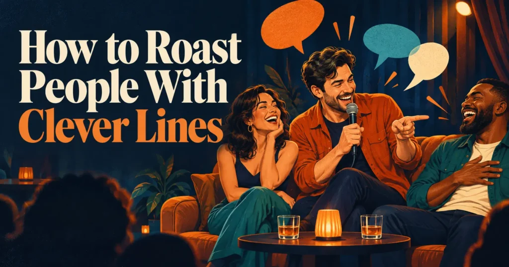 How to Roast People with Clever Lines: 100+ Ideas Learning how to roast people starts with noticing something small, exaggerating it, and ending on a surprise. A roast is playful teasing that the other person welcomes. For example, a friend who brings an enormous bag on every outing might hear, “We're going to the park, but your suitcase is applying for citizenship.” The joke works through an absurd picture built around a familiar habit. Below, you'll find examples organized by technique, from comparisons and sarcastic praise to callbacks and replies. Start with a line that fits someone you know well, then adapt the detail to your own conversation. Delivery matters, but so does choosing a moment when teasing is welcome. You can practice the wording without turning every conversation into a performance. Start With a Habit You Both Recognize Observation supplies the setup. Look for a harmless detail your friend already jokes about, such as overpacking, elaborate hobbies, or enthusiastic planning. These examples begin with something concrete rather than a general insult. • You bring a measuring tape to choose a picnic spot. • Your coffee grinder has received more introductions than your guests. • You check the restaurant menu before anyone has mentioned being hungry. • Your gym bag contains equipment the gym hasn't heard of yet. • You organize board-game pieces before asking whether we're playing. • You photograph your running shoes more often than you untie them. • You join a game and immediately request an equipment inspection. • Your phone charger has attended every social event this year. • You check the delivery tracker like you're coaching the driver. • You arrange the couch pillows between people sitting down and standing up. • Your desk has a drawer dedicated to objects waiting for a drawer. • You arrive early enough to help the host decide what to host. • You read the dessert specials with the concentration of a contract lawyer. • You bought a camping mug for your commute to the kitchen. • Your TV watchlist has become an ambitious retirement plan. • You carry a spare sweater for the sweater you haven't put on. • You label leftovers before anyone has finished eating. • You announce every new browser tab like we're on the same computer. • Your hobby has a storage unit, but you call it casual. • You compare grocery-store apples like you're drafting a championship team. Stretch a Small Detail Into an Exaggeration Hyperbole takes an ordinary observation to an obviously impossible scale. Keep the real habit visible underneath the exaggeration so the listener understands the connection without needing an explanation after the punchline. • We're going to the park, but your suitcase is applying for citizenship. • Your bedtime routine could qualify for an overnight film festival. • You own enough reusable bottles to supply a visiting marching band. • Your snack drawer could negotiate trade agreements with neighboring kitchens. • You tested enough keyboards to write a history of the space bar. • Your vacation spreadsheet needs an executive summary and a board vote. • You keep enough receipts to reconstruct the local economy. • Your shoe-cleaning kit could detail a commercial aircraft. • You narrate recipes like the nation is depending on dinner. • Your weekend errands require a logistics command center. • You use enough pillows to turn the couch into a mountain range. • Your playlist discussion has exceeded the duration of the concert. • You have enough saved coupons to wallpaper the store you won't visit. • Your dog has a wardrobe large enough to require seasonal staffing. • Your “light packing” could furnish a small airport lounge. • Your game-night rules briefing could earn continuing education credit. • You've checked the forecast enough times to qualify as its supervisor. • Your pen collection could sign every yearbook in the county. • Your weekend photos need their own regional distribution center. • Your holiday decorations could redirect commercial air traffic. Build a Comparison People Can Picture Compare the habit to a familiar role, object, or situation. The shared feature should be easy to spot: too much ceremony, excessive preparation, or an unexpectedly complicated process. • You order takeout like a general negotiating a ceasefire. • You inspect hotel pillows like an undercover mattress detective. • Your gaming setup looks like it can issue a tornado warning. • You carry keys like you're responsible for opening the entire town. • Your morning alarm sequence sounds like a submarine changing shifts. • You review a snack like you're judging a county fair final. • Your packing list reads like a museum preparing for evacuation. • You choose a movie like a jury reaching a difficult verdict. • Your folding technique looks like you're preparing evidence for court. • You guard the grill like it contains the national treasure. • Your birthday countdown operates like a campaign headquarters. • You sort vacation pictures like an archivist handling rare documents. • Your backpack opens like a magician's act with no final reveal. • You greet a new gadget like a farmer welcoming rain. • Your home screen resembles a city with no zoning department. • You prepare for a casual walk like a mountain rescue coordinator. • Your browser bookmarks look like a library after an earthquake. • You discuss a TV cliffhanger like the mayor called an emergency briefing. • Your haircut appointment has the scheduling demands of a diplomatic visit. • You test couch cushions like you're recruiting them for a mission. Let a Compliment Turn Into the Joke Begin with genuine praise, then narrow it toward a comic exception. The turn should concern an everyday habit, keeping the affection recognizable instead of disguising an unrelated personal attack as a compliment. • You have incredible focus when the subject is someone else's fries. • You're wonderfully decisive about which decisions I should make for you. • You have excellent taste in products you haven't stopped researching. • You're thoughtful enough to bring a gift and its full comparison history. • You make everyone feel included in your ongoing search for your glasses. • You're a natural leader when the task involves choosing your own seat. • You've mastered patience, especially while someone else assembles the furniture. • You have a beautiful singing voice, according to your closed car windows. • You're impressively resourceful with other people's charging cables. • You remember little details, mainly the ones that win old arguments. • You have a gift for making a quick errand eligible for lunch. • You're a great listener whenever the conversation mentions your name. • You have excellent balance between planning a trip and purchasing travel accessories. • You're remarkably humble about achievements you mention only every hour. • You bring people together, usually to help locate something you just set down. • You're generous with compliments when the chef might offer another serving. • You have the courage to recommend a show before finishing its pilot. • You make a strong first impression on every device you can't connect. • You inspire confidence right up until someone asks for the address. • You're wonderfully flexible when the options are all your original suggestions. Use Dry Sarcasm About the Situation Sarcasm praises a small, unimpressive event as though it were momentous. Keep your tone light and the subject obvious; a text without context can otherwise read like a sincere complaint. • Please lower the flag; your preferred cereal has been discontinued. • Historic scenes here as you successfully pair the Bluetooth speaker. • We'll observe a moment of silence for the unavailable dipping sauce. • Your decision to bring a jacket has changed outdoor recreation forever. • Please address the nation about how you found the scissors. • We should preserve this receipt from your first unsupervised hardware purchase. • A tremendous diplomatic effort: you asked for extra napkins. • The nation can rest; your package arrived a day early. • Shall we invite the orchestra for your successful password reset? • The dedication on display while choosing a mug is extraordinary. • Please take your victory photo beside the assembled shoe rack. • We'll name a bench after your contribution to ordering appetizers. • Your decision to refill the ice tray deserves a commemorative stamp. • A moving tribute to efficiency: you made the same trip upstairs again. • The envelope committee is stunned by your bold stamp placement. • Please accept this imaginary ribbon for finding a parking meter. • We should contact the academy about your portrayal of “mildly inconvenienced.” • Your heroic search for the TV remote will be taught to future generations. • We'll publish the transcript of your successful call to order pizza. • Finally, a leadership breakthrough: you selected the paper towels. Try Wordplay With a Clear Double Meaning A pun connects meanings or sounds; an ordinary insult doesn't become wordplay just because it's short. Here, each joke turns on a phrase connected to the habit being teased. • Your bread hobby has risen to the point where we can't use the counter. • You make a strong case for buying fewer phone cases. • Your tennis advice makes quite a racket for someone still finding the court. • You're really drawing out this explanation of your sketchbook collection. • Your stationery budget is anything but stationary. • You have reservations about dinner, but somehow none at the restaurant. • Your gardening advice has roots in a video you watched this morning. • You keep pressing the issue, and the elevator button still only lights once. • You're outstanding in your field because you forgot where the trail starts. • Your watch collection is impressive, considering you never have the time. Set Up a Pattern and Surprise at the End Start with related details that establish an expectation, then finish somewhere unexpected. The last item needs to reveal a funny contradiction, rather than merely adding another criticism to a list. • You brought sunscreen, water, and a speech about why we should stay indoors. • You're prepared for rain, wind, and someone borrowing your emergency cardigan. • Your vacation has beaches, museums, and a mandatory feedback form. • You checked the recipe, bought the ingredients, and ordered pizza during the preheat. • You're good at strategy, teamwork, and explaining why neither applied to your loss. • Your desk holds pens, notebooks, and archaeological evidence of last Tuesday's lunch. • You packed a charger, an adapter, and absolutely no idea where we're staying. • Your morning includes stretching, hydration, and postponing the actual getting-up part. • You've mastered roasting, grilling, and asking whether someone else can clean up. • Your presentation had charts, transitions, and a surprise appearance by the correct file. Bring Back an Earlier Detail With a Callback A callback reuses something the audience has already heard and adds a new turn. These pairs include the earlier setup; use the later line only when that detail is still relevant. • Earlier: “I travel light.” Later, after the third bag: “Does the light travel separately?” • Earlier: “I'm the chef tonight.” Later, at the drive-through: “Chef, shall I tell them about your substitutions?” • Earlier: “I'm taking a screen break.” Later, during another photo: “Is the break waiting for its close-up?” • Earlier: “I know this trail.” Later, at the same bench: “Nice of your tour to include recurring characters.” • Earlier: “I'm unbeatable at cards.” Later, after a loss: “Should we update the packaging on that claim?” • Earlier: “This is a simple recipe.” Later, after several pans: “How many sinkfuls is simple measured in?” • Earlier: “I'm a minimalist.” Later, during a haul: “Which of these bags contains the minimum?” • Earlier: “I'll just browse.” Later, at checkout: “Your browsing has requested a larger trunk.” • Earlier: “I don't need directions.” Later, after another turn: “Should we ask the directions whether they need you?” • Earlier: “No fuss for my birthday.” Later, during outfit changes: “Does the no-fuss portion start after costume approval?” Answer the Tease With a Relevant Comeback Listen for the detail in the other person's joke, then answer that detail. These paired examples show how to keep the exchange connected instead of reaching for a stock insult. • “You pack too much.” → “You borrowed sunscreen before we reached the car.” • “You organize everything.” → “Your keys have been asking for representation.” • “You take board games seriously.” → “You appealed a dice roll to the table.” • “You love attention.” → “You added a soundtrack to entering the room.” • “You read too slowly.” → “You review books by the font on the cover.” • “You can't dance.” → “You gave the ceiling fan a master class in repeating moves.” • “You need a map.” → “You just asked the parking garage which floor we're on.” • “You buy too many gadgets.” → “Your phone is currently borrowing my battery pack.” • “You have too many plants.” → “You named your single cactus and hired me to check on it.” • “You're bad at surprises.” → “Your surprise face starts three questions before the announcement.” • “You're obsessed with coffee.” → “You asked whether the hotel kettle has a tasting menu.” • “You always want dessert.” → “You interviewed the brownie before ordering dinner.” • “You repeat yourself.” → “You asked me that twice while I was answering.” • “You take too many photos.” → “You're in the background directing every one.” • “You need to relax.” → “You've scheduled our free time into appointment slots.” • “You can't multitask.” → “You paused your chewing to find the mute button.” • “You're fussy about movies.” → “You rejected one because the poster looked loud.” • “You check the weather too much.” → “You packed sunglasses for an indoor concert.” • “You're too sentimental.” → “You kept the box your new storage boxes came in.” • “You make everything complicated.” → “You color-coded the instructions for opening a snack.” Make Yourself Part of the Joke Self-roasts can show that you're enjoying the same playful tone. Use a small mistake or habit you actually find amusing, without making your health, identity, or self-worth the punchline. • I bought storage baskets, and now I need storage for the baskets. • I can remember a cereal commercial but not why I opened the fridge. • My meal prep consists of placing the takeout menus in alphabetical order. • I exercise my judgment mainly by deciding which exercise to postpone. • I have a password manager and still negotiate with every login screen. • My packing system is adding things until the zipper requests mediation. • I keep a backup charger for the charger I forget to charge. • My houseplants recognize the sound of me searching “is this normal?” • I arrive prepared for everything except the event I was invited to. • I cleared my calendar and immediately needed a nap to recover. Keep Sibling Roasts About Shared Household Habits Shared routines offer material without turning family history into ammunition. These lines focus on kitchen negotiations, borrowed belongings, and disputed chores that both siblings already treat as low-stakes jokes. • You close the refrigerator like you're hoping it will restock between visits. • You put the empty juice carton back so it can enjoy retirement here. • You ask to borrow a shirt and return an entirely different laundry challenge. • Your turn to vacuum has been in development longer than the carpet. • You take the shower speaker like the bathroom has concert dates. • You leave one clean spoon to demonstrate what the rest could become. • You claim the couch blanket before the temperature has been announced. • You know exactly where I keep things you insist you've never borrowed. • Your “I'll put it away” is the house's longest-running promise. • You open every cabinet as though the plates change departments nightly. • You move my shoes and then offer to help investigate. • You save the smallest piece of cake like it's a legally required sample. • Your bedroom door is doing most of the work in keeping your room tidy. • You announce you're helping while selecting music for the actual helpers. • You treat taking out the trash like accepting an overseas assignment. • You know the precise microwave time that wakes everyone in the house. • You return borrowed pens after they've completed their service life. • You claim the front seat with the enthusiasm of a courtroom objection. • Your leftovers are labeled by how angry you'll be if someone eats them. • You call dibs on the remote before knowing whether the TV works. Write Mock Formal Lines for Cards and Toasts Formal language can make an ordinary quirk sound like official business. These lines suit an invited birthday roast, a friendly card, or a personal letter; keep private details out. • Dear birthday honoree, your application for another week of celebrations remains under review. • Please accept this certificate recognizing outstanding service to the local cake economy. • We acknowledge receipt of your birthday wishlist and have appointed a budget committee. • This letter confirms that your preferred restaurant now recognizes the whole group by sigh. • By unanimous vote, your birthday speech has been granted a cake-related time limit. • Dear friend, your repeated borrowing of my umbrella constitutes a weather-dependent lease. • Please be advised that your vacation slides require an interval and accessible refreshments. • We regret to inform you that your “brief toast” has exceeded its catering allowance. • In recognition of your hosting, guests have approved a temporary ban on chore demonstrations. • Happy birthday. Your achievement in extending a single occasion deserves its own occasion. Use Shared Situation Humor With Coworkers Workplace relationships aren't automatically friendships. When humor is welcome, aim it at a shared process or your own experience rather than a coworker's competence, status, or personal life. • This meeting's agenda has developed a spin-off meeting. • Our shared folder contains every draft except the one anyone remembers naming. • The office printer has chosen abstract expressionism again. • This spreadsheet has enough tabs to qualify as its own browser. • The lunch fridge has become a museum of optimistic meal prep. • Our calendar is playing a cooperative game nobody can win. • This email chain has reached the point where it needs a family tree. • The conference-room thermostat appears to be conducting a blind taste test of climates. • Our slide deck has more introductions than a networking mixer. • I added “finish the to-do list” to the list, which feels like leadership. Choose the Moment and Deliver the Line Check that teasing is welcome, choose a harmless detail, and consider who else can hear it. Someone who enjoys a private joke may dislike becoming the focus of a room. Avoid jokes about appearance, identity, health, grief, trauma, money struggles, or confidential information. Being friends doesn't make every subject available, and a person with less power in a group may feel pressure to laugh. Start with an observable detail, then pick a technique from the examples. Say the line at a comfortable volume and put the surprising phrase at the end. Pause afterward. Don't add explanations, repeat it louder, or immediately stack another joke on top. Give the person an easy opportunity to answer or change the subject. In a text, reread the line without your intended voice. Public comments and shared screenshots can travel beyond the original conversation. An invited roast speech has a different context from an unexpected comment, so don't assume material from a performance belongs in everyday banter. Practice the Turn and Know When to Stop Write down a harmless observation, draft a few different endings, and keep the version you can say naturally. This editing example reuses a line from the collection to show what changes. Draft What to notice You pack a lot. An observation without a comic turn. You pack a lot, which makes this short trip seem bigger. The idea is present, but explained. We're going to the park, but your suitcase is applying for citizenship. A specific outing leads to an absurd final image. Read your draft aloud and record a practice delivery. Remove filler, check whether the setup is understandable, and listen for a rushed ending. Practice on paper before trying material with someone who has agreed to hear it. Don't use a live conversation as an obligation to perform every line you've written. If the joke gets no laugh, move on. If someone is uncomfortable or asks you to stop, stop; don't use their reaction as a new setup. Apologize directly if you hurt them, and leave the topic alone. If you're on the receiving end, a plain request to end the teasing is enough. Accepting a return joke never means accepting an unwanted subject. Frequently Asked Questions What does it mean to roast someone? Roasting means making jokes at someone's expense in a setting where that teasing is welcome. A friendly roast usually exaggerates a recognizable quirk. The wording alone doesn't establish whether it's playful: the relationship, subject, audience, and person's ability to opt out all matter. How do I write my own roast? Choose a harmless observation, then add an exaggerated comparison or unexpected ending. For example, an enormous bag on a short outing becomes “We're going to the park, but your suitcase is applying for citizenship.” Keep the detail recognizable and remove any explanation after the punchline. How can I think of a comeback faster? Listen for the specific claim rather than searching for a generic insult. You can answer the exaggeration, point out a playful contradiction, or agree and add your own joke. Practice with written prompts when there's no pressure. You can also laugh without delivering a comeback at all. What is a callback in a roast? A callback brings back an earlier detail with a new twist. If someone claimed to travel light, a later joke about their extra bags can work because everyone remembers the claim. Repeating the original joke unchanged is different; the return should add something relevant to the current moment. Can I roast someone I just met? It's better to build rapport first. You don't yet know their preferred humor or which subjects are uncomfortable. A joke about a shared situation can offer a gentler introduction to your sense of humor without making the new person its target. Polite laughter isn't a standing invitation. How do I roast someone over text? Keep the context clear and choose a friend who welcomes teasing in messages. Use an obvious, low-stakes detail rather than sarcasm that could pass for a serious complaint. If the tone doesn't translate, explain plainly and stop; avoid forwarding the exchange to create a larger audience. Should I roast a coworker? Use caution with personal teasing at work, where people may feel obliged to play along. Humor about a shared process or your own minor mistake is often easier to navigate. Avoid public criticism disguised as comedy, and respect workplace expectations even when you have a friendly relationship. What if someone says I'm too sensitive? You can maintain the boundary without debating your sense of humor. Say plainly that you don't want that topic used again, and end the exchange if needed. You don't have to produce a clever reply or accept more teasing to prove you can take a joke. How do I fix a roast that hurt someone's feelings? Acknowledge the remark and apologize directly. Don't qualify the apology with a complaint about their reaction, repeat the joke, or ask them to reassure you. Give them space and change your behavior afterward. A clever recovery line is less useful than respecting the boundary you've learned. Finish the Joke Before It Becomes a Lecture Pick a technique, notice a real detail, and practice making the turn clear. A familiar habit can support an exaggeration, a comparison, or a callback without becoming a personal attack. Save the lines that sound like you and adapt them to a willing friend and the actual occasion. Give the other person room to respond, enjoy a good return joke, and let the conversation move on while everyone is still having fun.
