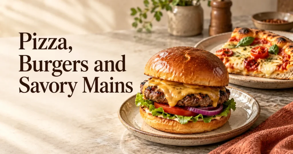 Pizza, burgers and savory mains